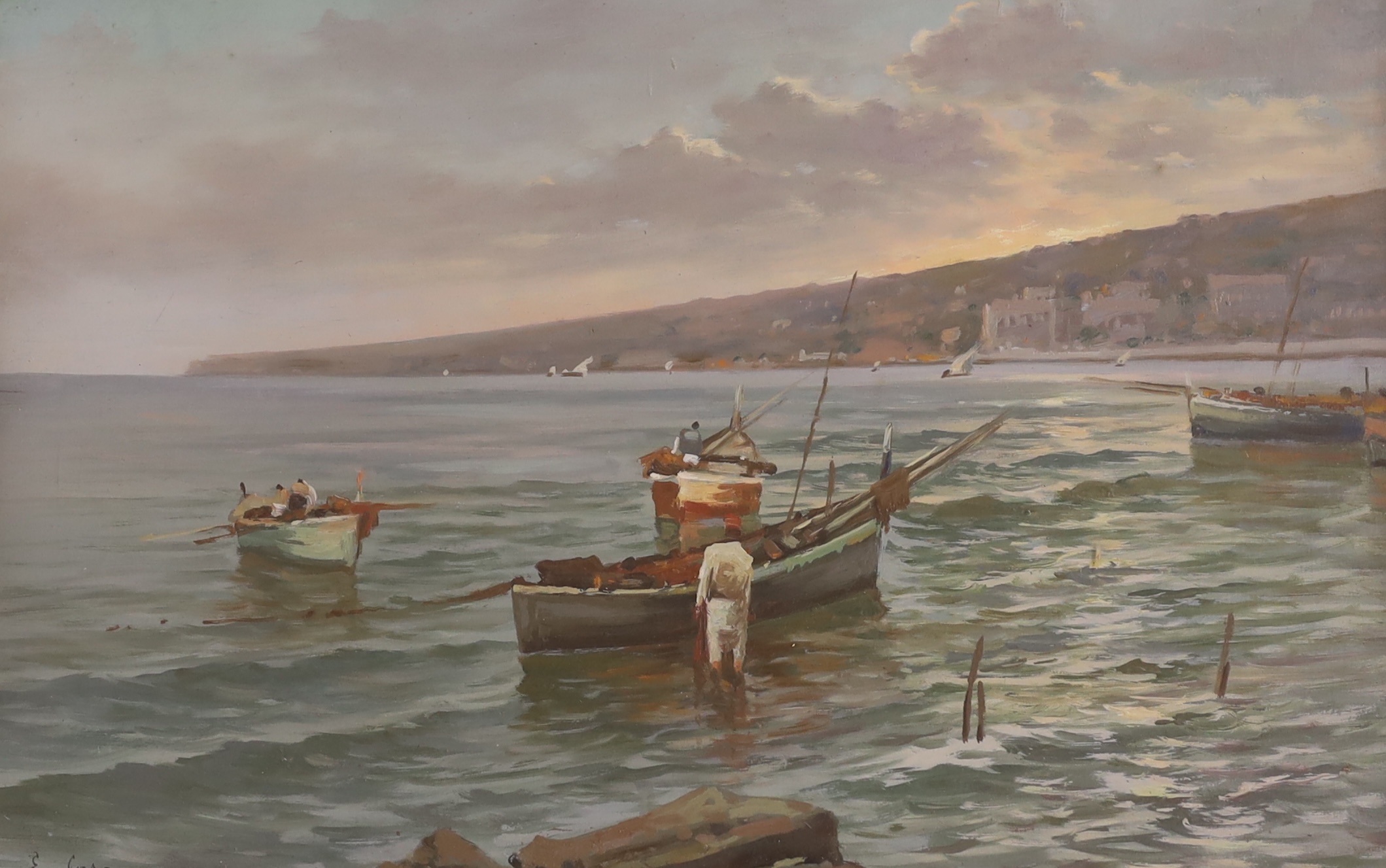 E. Caso (Italian School), oil on canvas, Mediterranean coastal scene with fishermen, signed, 28 x 43cm